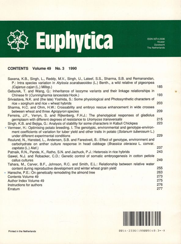 Euphytica  Euphytica Volume 49, 1990 No. 1 bis 3 (3 Hefte) 