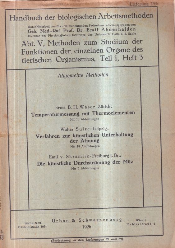 Waser,Ernst B.H.: Temperaturmessung mit  (Handbuch der biologischen Arbeitsmethoden Abt. V. 