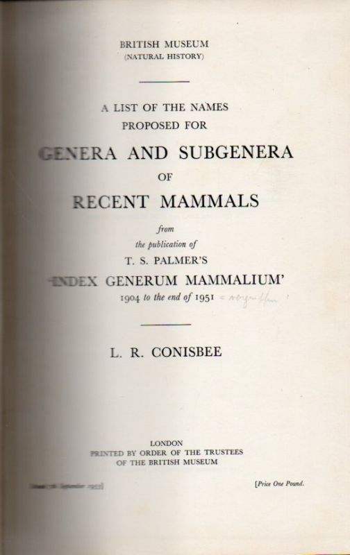 Conisbee,L.R.  A list of the names proposed for genera and subgenera of recent 