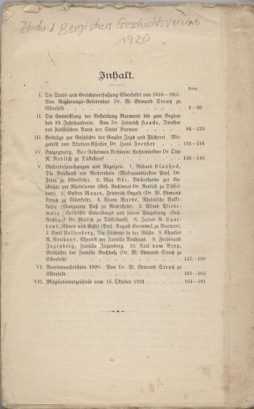 Bergischer Geschichtsverein  Zeitschrift des Bergischen Geschichtsvereins 1920 