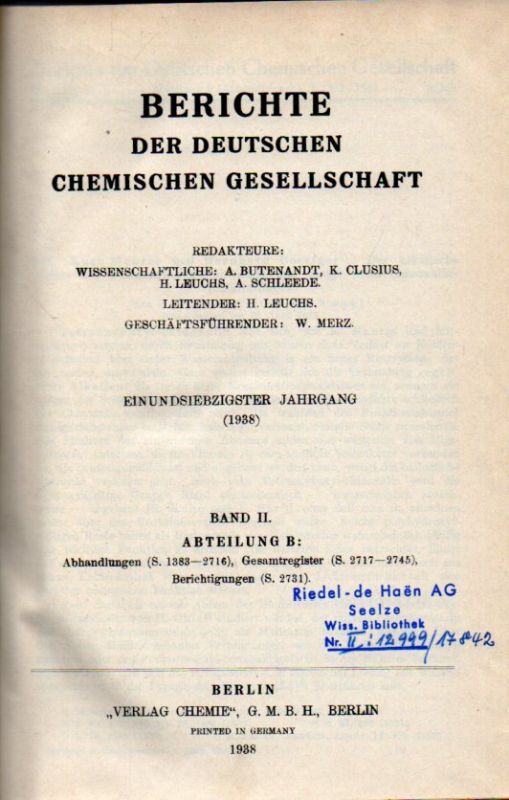 Deutsche Chemische Gesellschaft  Berichte der Deutschen Chemischen Gesellschaft 71.Jahrgang 1938 