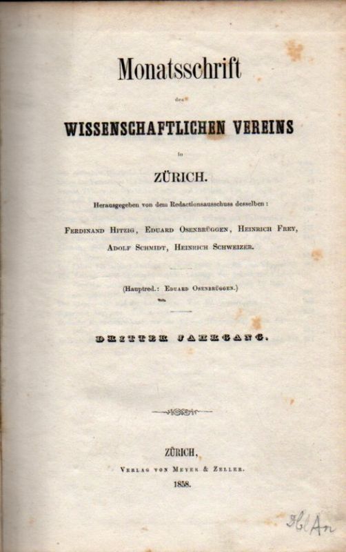Wissenschaftlicher Verein in Zürich  Monatsschrift des Wissenschaftlichen Vereins in Zürich 3.Jahrgang 1858 