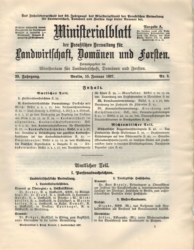 Ministerialblatt der Preußischen Verwaltung  für Landwirtschaft, Domänen und Forsten 23.Jahrgang 1927 