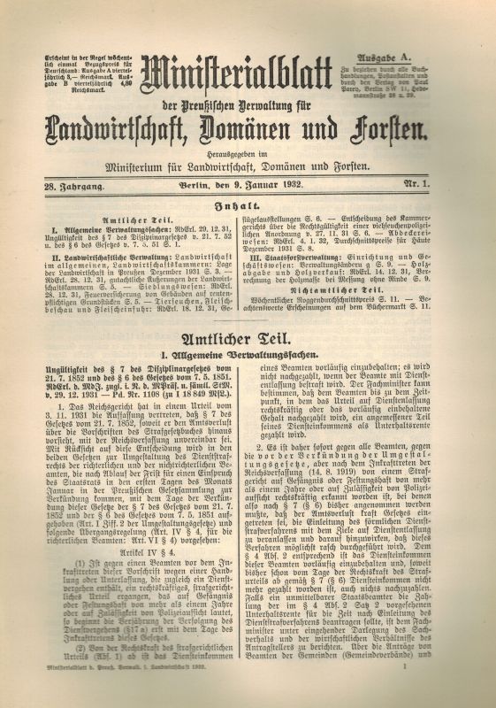 Ministerialblatt der Preußischen Verwaltung  für Landwirtschaft, Domänen und Forsten 28.Jahrgang 1932 