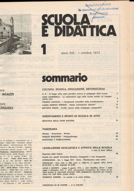 Scuola e Didattica  Scuola e Didattica Anno XIX 1.Ottobre 1973 bis 15.Settembre 1974 