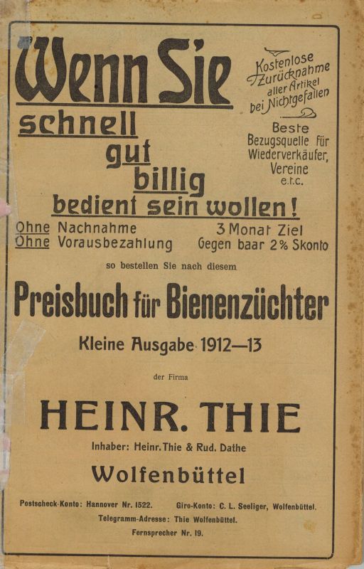 Thie,Heinrich (Hsg.)  Preisbuch für Bienenzüchter Kleine Ausgabe 1912-13 