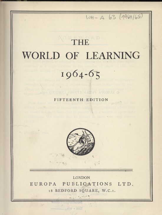 The World of Learning  Fifteenth Edition 1964-65 