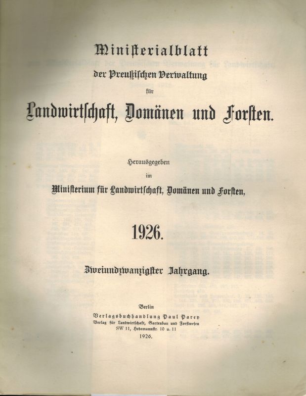 Ministerium für Landwirtschaft, Domänen  Ministerialblatt der Preußischen Verwaltung für Landwirtschaft 