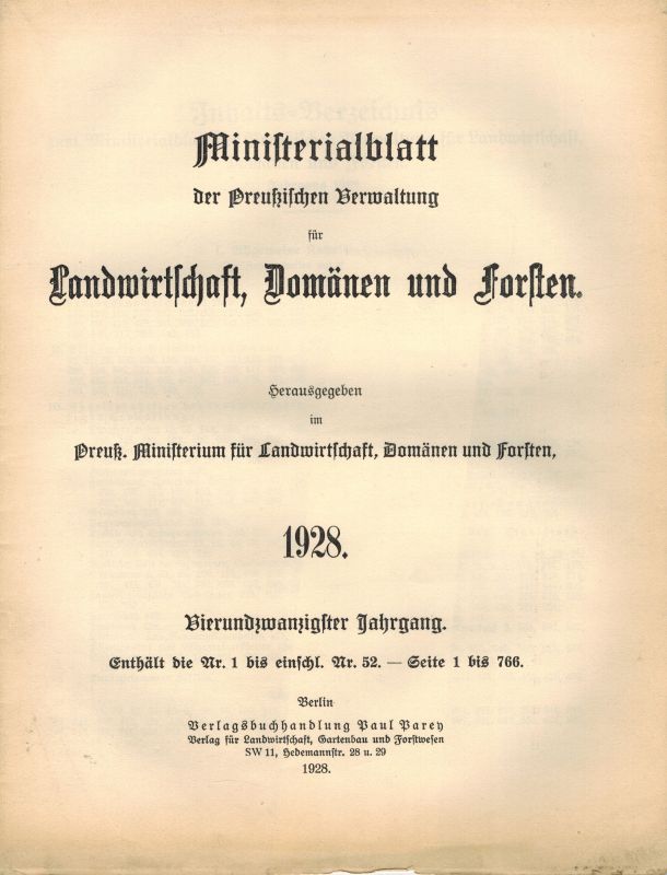 Ministerium für Landwirtschaft, Domänen  Ministerialblatt der Preußischen Verwaltung für Landwirtschaft 