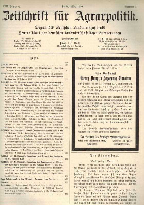 Zeitschrift für Agrarpolitik  Zeitschrift für Agrarpolitik VIII.Jahrgang 1910 Nr. 1 bis 12 