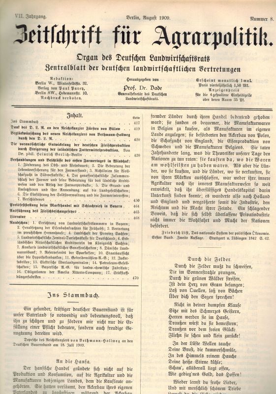 Zeitschrift für Agrarpolitik  Zeitschrift für Agrarpolitik VII.Jahrgang 1909 Nr. 1 bis 12 