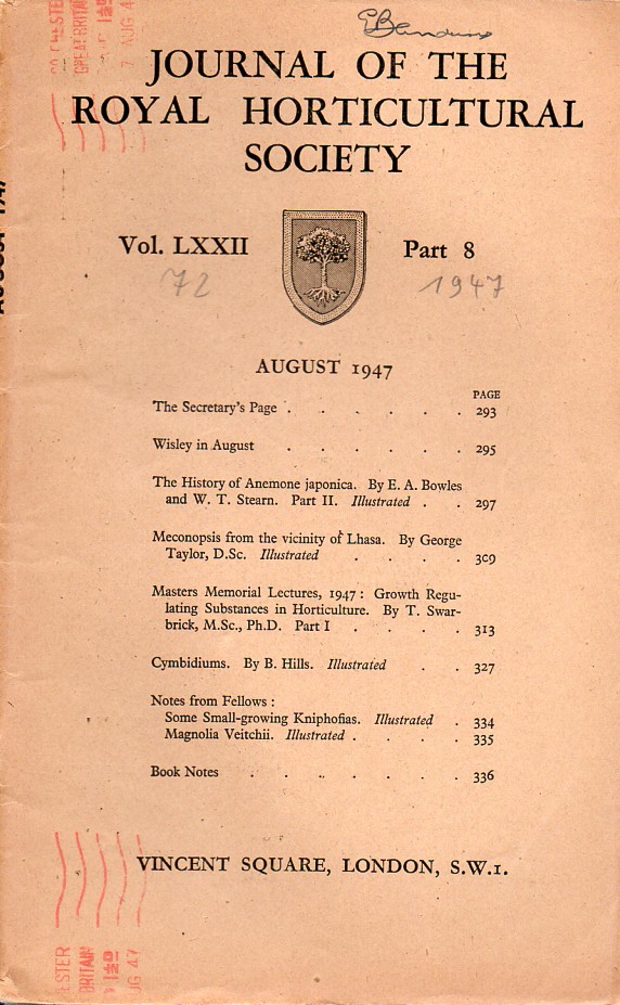 Journal of the Royal Horticultural Society  Volume LXXII. Part 8 August 1947 