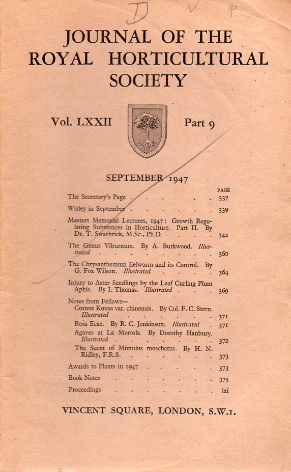 Journal of the Royal Horticultural Society  Volume LXXII. Part 9 September 1947 