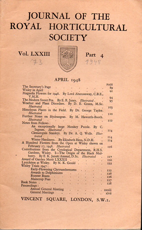 Journal of the Royal Horticultural Society  Volume LXXIII. Part 4 April 1948 