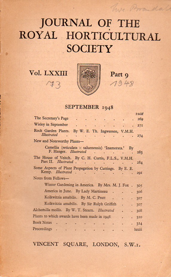 Journal of the Royal Horticultural Society  Volume LXXIII. Part 9 September 1948 