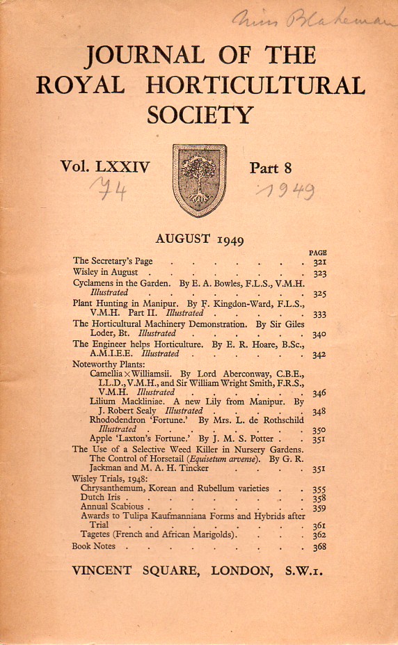 Journal of the Royal Horticultural Society  Volume LXXIV. Part 8 August 1949 