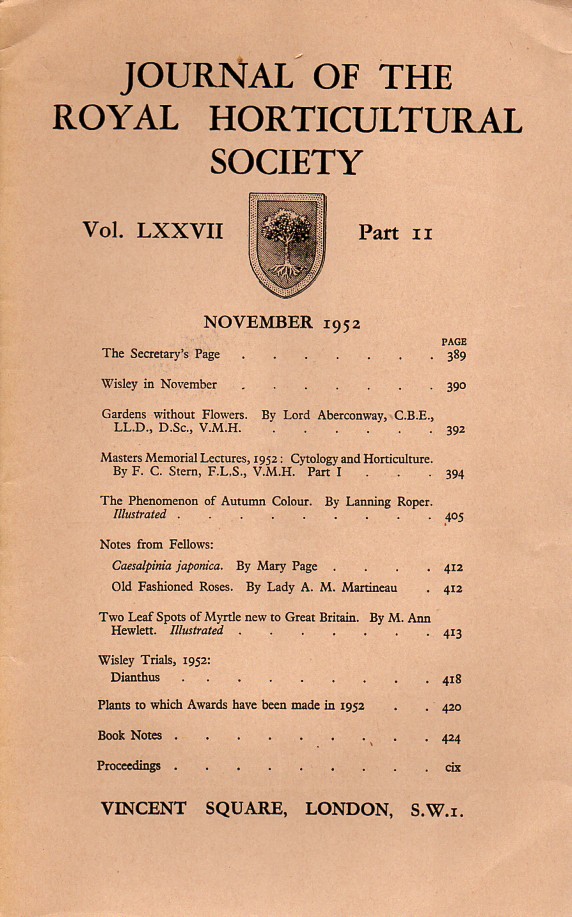 Journal of the Royal Horticultural Society  Volume LXXVII. Part 11 November 1952 