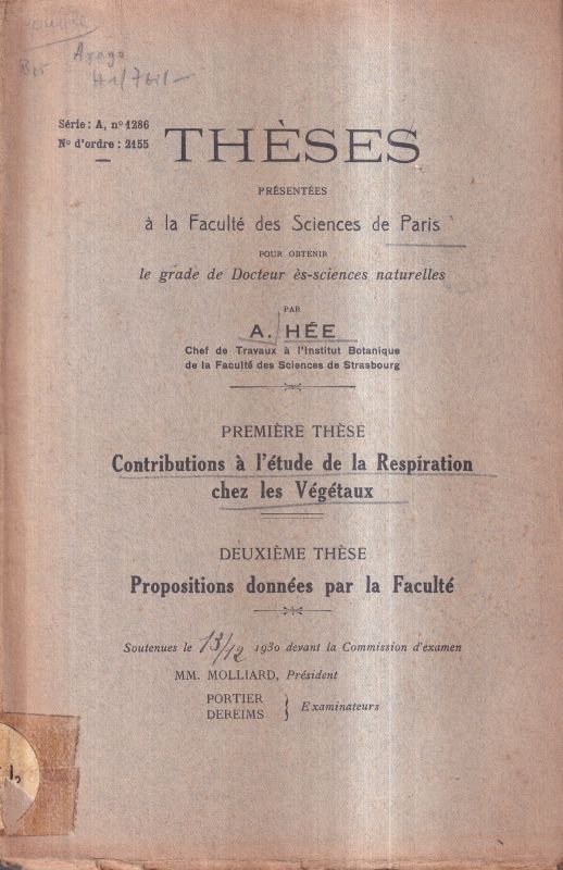 Hee,A.  Contributions a l'etude de la Respiration chez les Vegetaux.Dissertati 