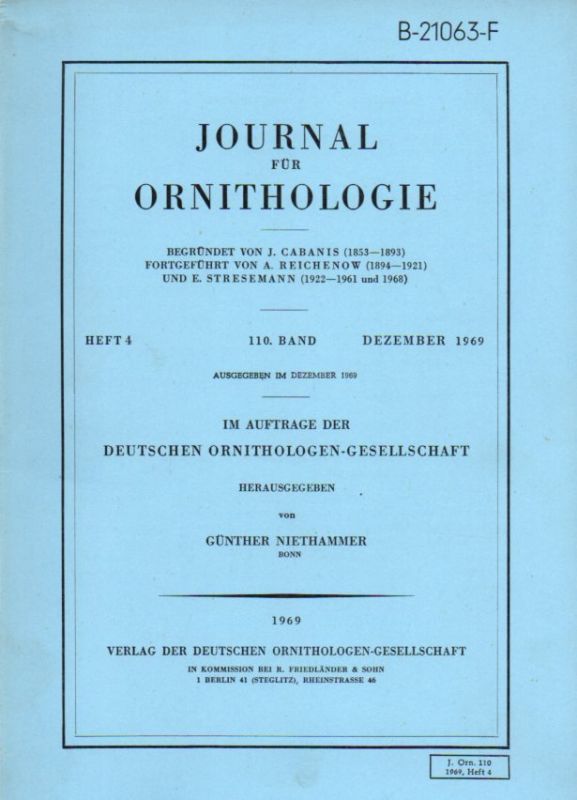 Journal für Ornithologie  Journal für Ornithologie 110 Band 1969 Heft 1 bis 4 (4 Hefte) 