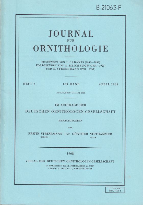 Journal für Ornithologie  Journal für Ornithologie 109. Band 1968 Heft 2 (1 Heft) 