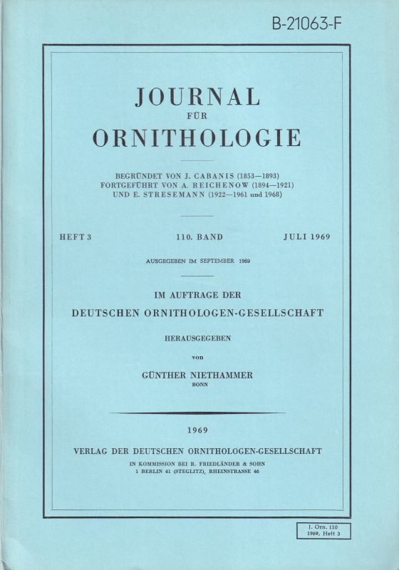 Journal für Ornithologie  Journal für Ornithologie 110.Band 1969 Heft 3 (1 Heft) 
