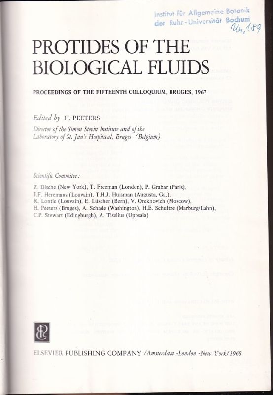 Peeters,H.  Protides of the biological fluids.Proceedings of the fiftennth colloqu 