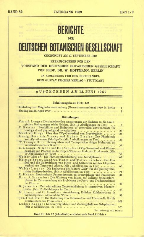 Deutsche Botanische Gesellschaft  Band 82.Jahrgang 1969 Heft 1/2 bis 12 (7 Hefte) 