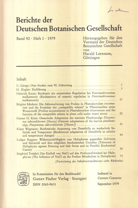 Deutsche Botanische Gesellschaft  Band 92.Jahrgang 1979 Heft 1 bis 2/3 (2 Hefte) konplett 