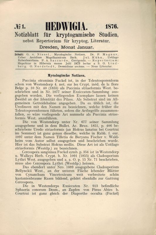 Rabenhorst,L.  Hedwigia Fünfzehnter Band 1876 Nr. 1-12 (12 Hefte) 
