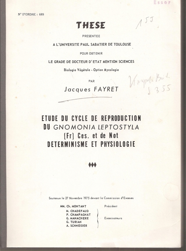 Fayret,Jacques  Etude du Cycle de Reproduction du Gnomonia Leptostyla (Fr.) 