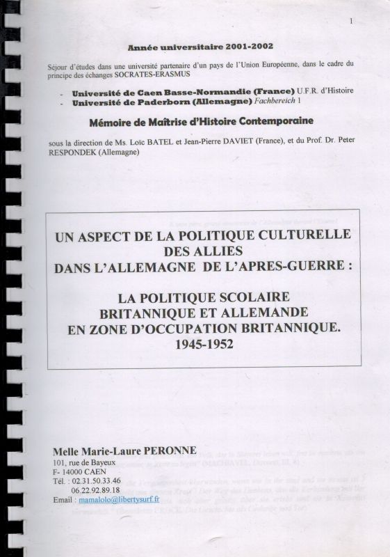 Peronne,Melle Marie-Laure  Un Aspect de la Politique Culturelle des Allies dans L'Allemagne de 