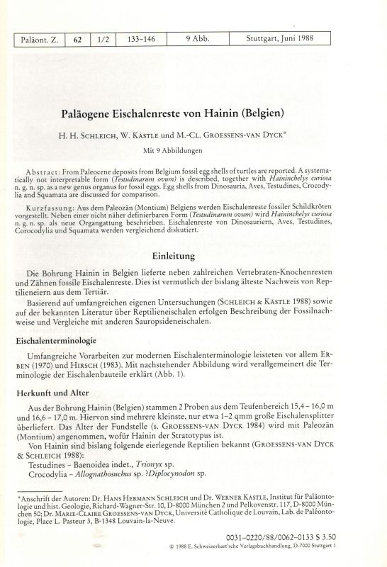 Schleich,H.  Paläogene Eischalenreste von Hainin (Belgien) 