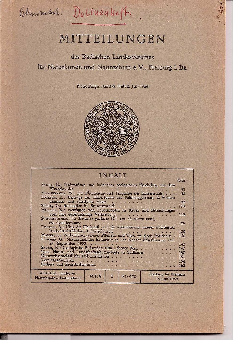 Badischer Landesverein für Naturkunde  Neue Folge Band 6,Heft 2,Juli 1954 