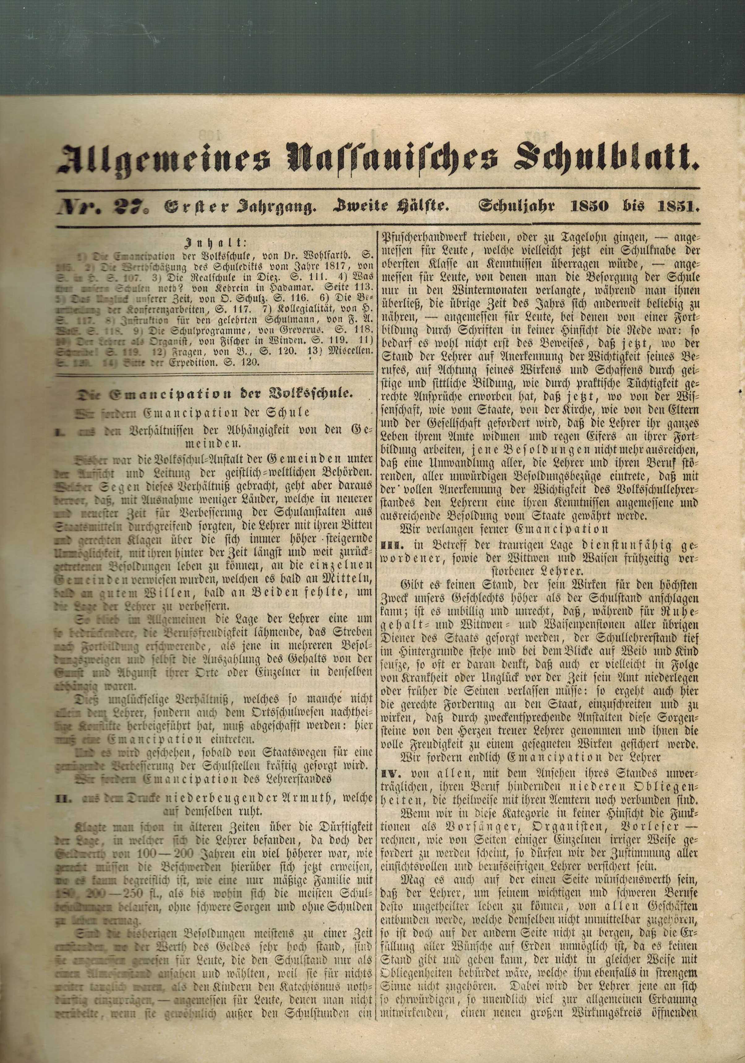 Allgemeines Nassauisches Schulblatt  1.Jahrgang 2.Hälfte Hefte Nr.27-46.Schuljahr 1850 bis 1851 