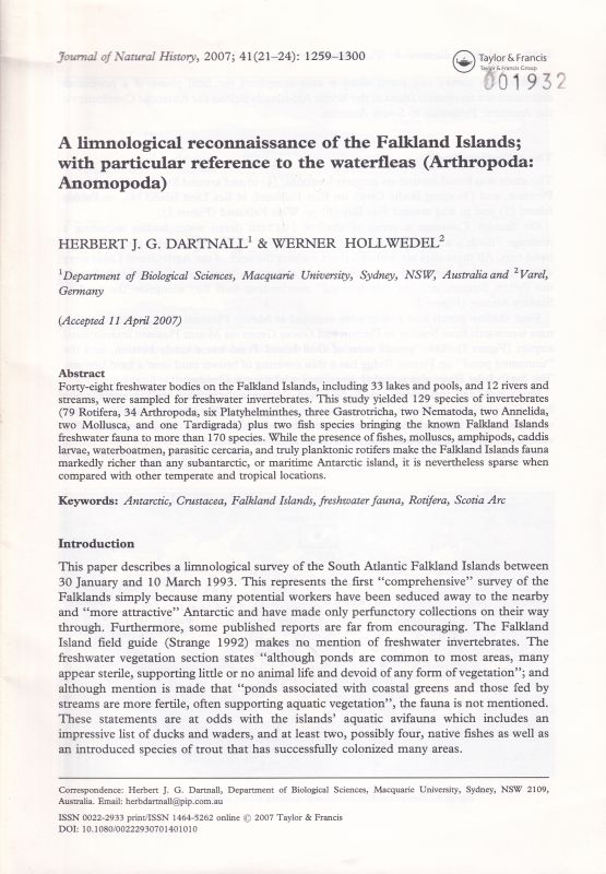 Dartnall,Herbert J.G. and Werner Hollwedel  A limnological reconnaissance of the Falkland Islands; with particular 
