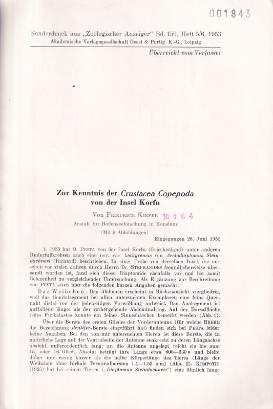 Kiefer,Friedrich  Zur Kenntnis der Crustacea Copepoda von der Insel Korfu 