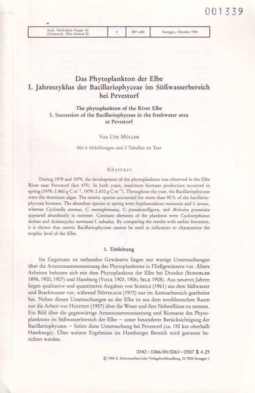 Müller,Ute  Das Phytoplankton der Elbe I. Jahreszyklus der Bacillariophyceae im 