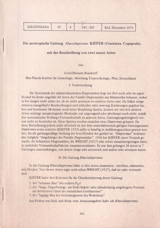 Brandorff,Gerd-Oltmann  Die neotropische Gattung Rhacodiaptomus Kiefer (Crustacea, 