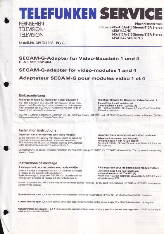 Telefunken  Fernseh Service Information für SECAM - G - Adapter für 