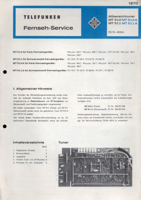 Telefunken GmbH  Fernsehservice Allbereichtuner MT 510 MT 510 A 