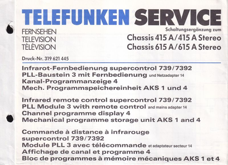 Telefunken  Service Information Infrarot - Fernbedienung supercontrol 739 