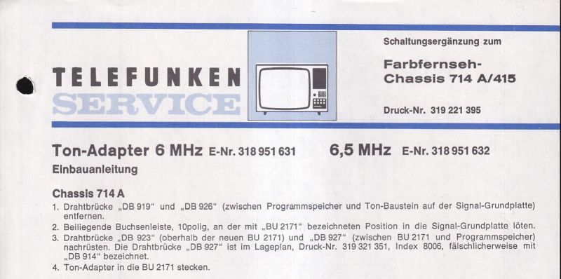 Telefunken  Fernseh Service Information Ton - Adapter 6 MHz 