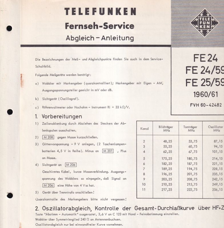 Telefunken  Fernseh Service Abgleich - Anleitung für FE 24, 24/59 und FE 25/59 