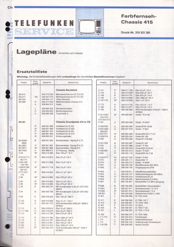 Telefunken  Service Information 1982 für Farbfernseh - Chassis 415 