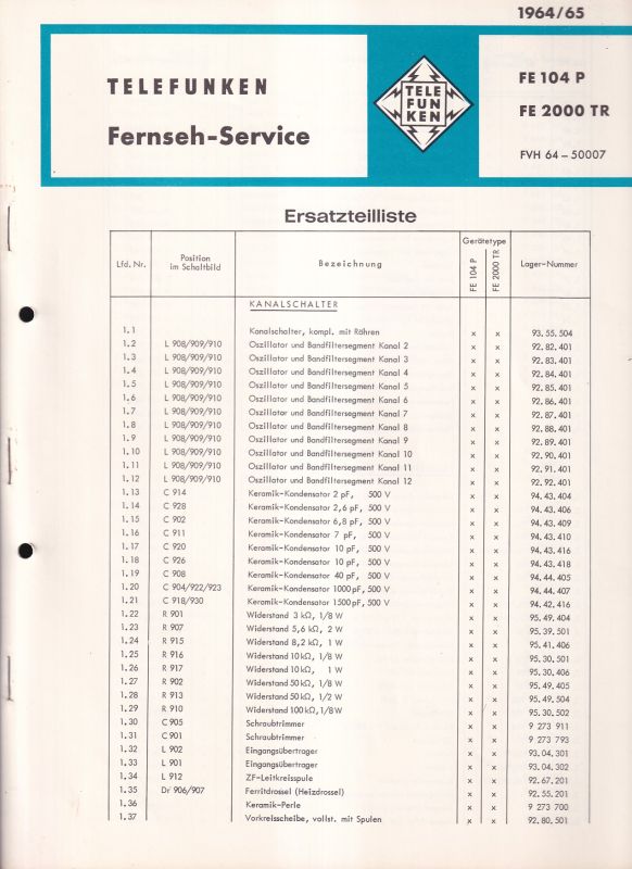 Telefunken  Fernseh Service Information 1964/65 für FE 104P und FE 2000TR 