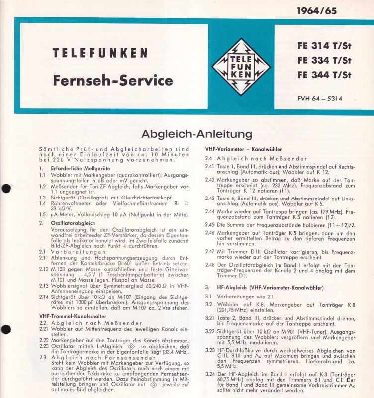 Telefunken  Fernseh Service Information 1964/65 für FE 314T/St, FE 334T/St 