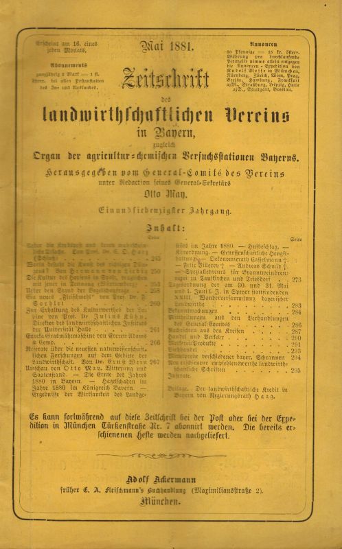 Landwirthschaftlicher Verein in Bayern  Zeitschrift des Landwirthschaftlichen Vereins in Bayern 1881 