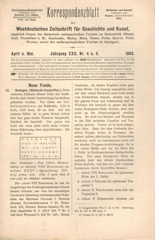 Hettner,F. und J.Hansen  Korrespondenzblatt der Westdeutschen Zeitschrift für Geschichte und 