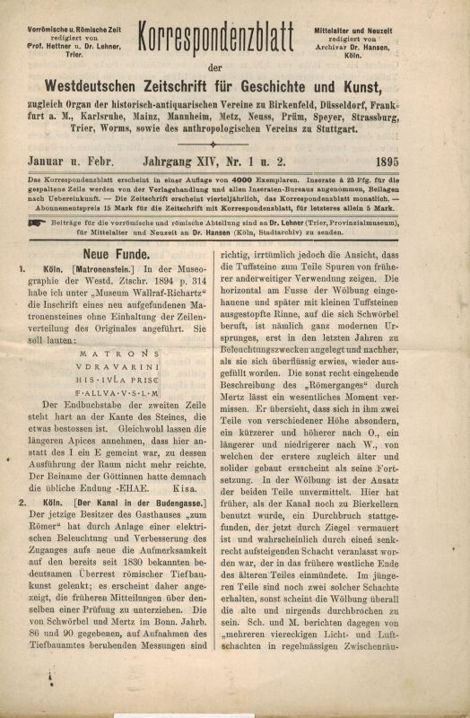 Hettner,F. und J.Hansen  Korrespondenzblatt der Westdeutschen Zeitschrift für Geschichte und 