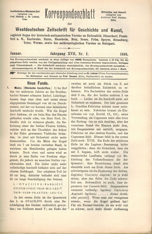 Hettner,F. und J.Hansen  Korrespondenzblatt der Westdeutschen Zeitschrift für Geschichte und 